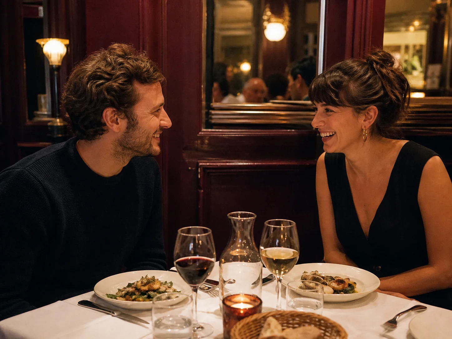 Illustrative scene of two people enjoying a conversation over dinner
