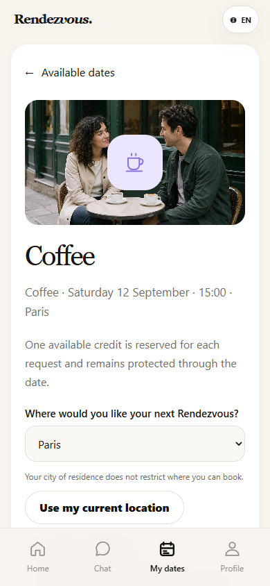 Rendezvous coffee request screen with demo data