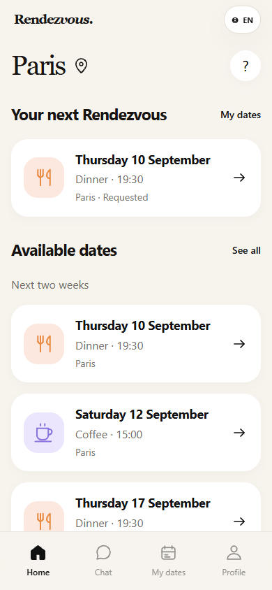 Rendezvous home screen showing upcoming and available dates with demo data